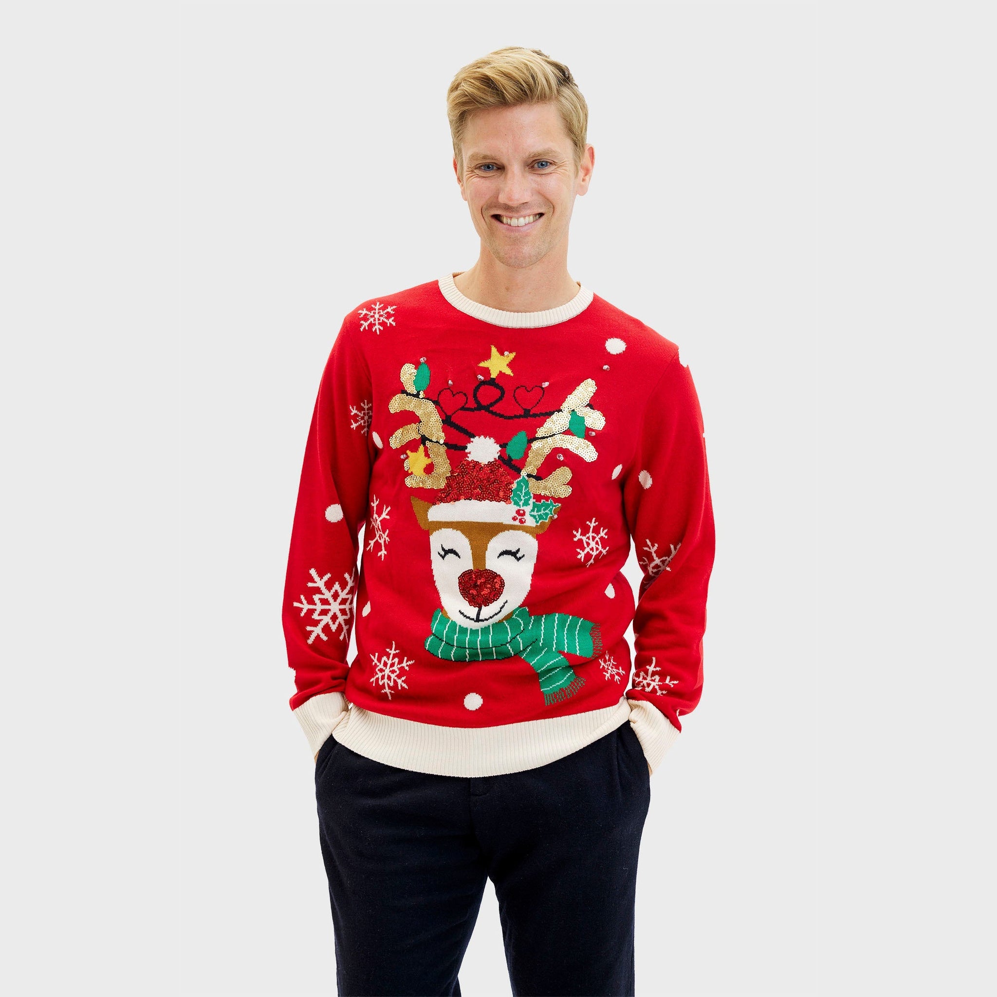 Kouric Maglione Natalizio con Luci, Maglioni Natalizi Famiglia, Maglione Natalizio Donna Uomo con Luci LED, Manica Lunga Ugly Christmas Sweater Girocollo Maglione di Natale Coppia Maglioncini Natale