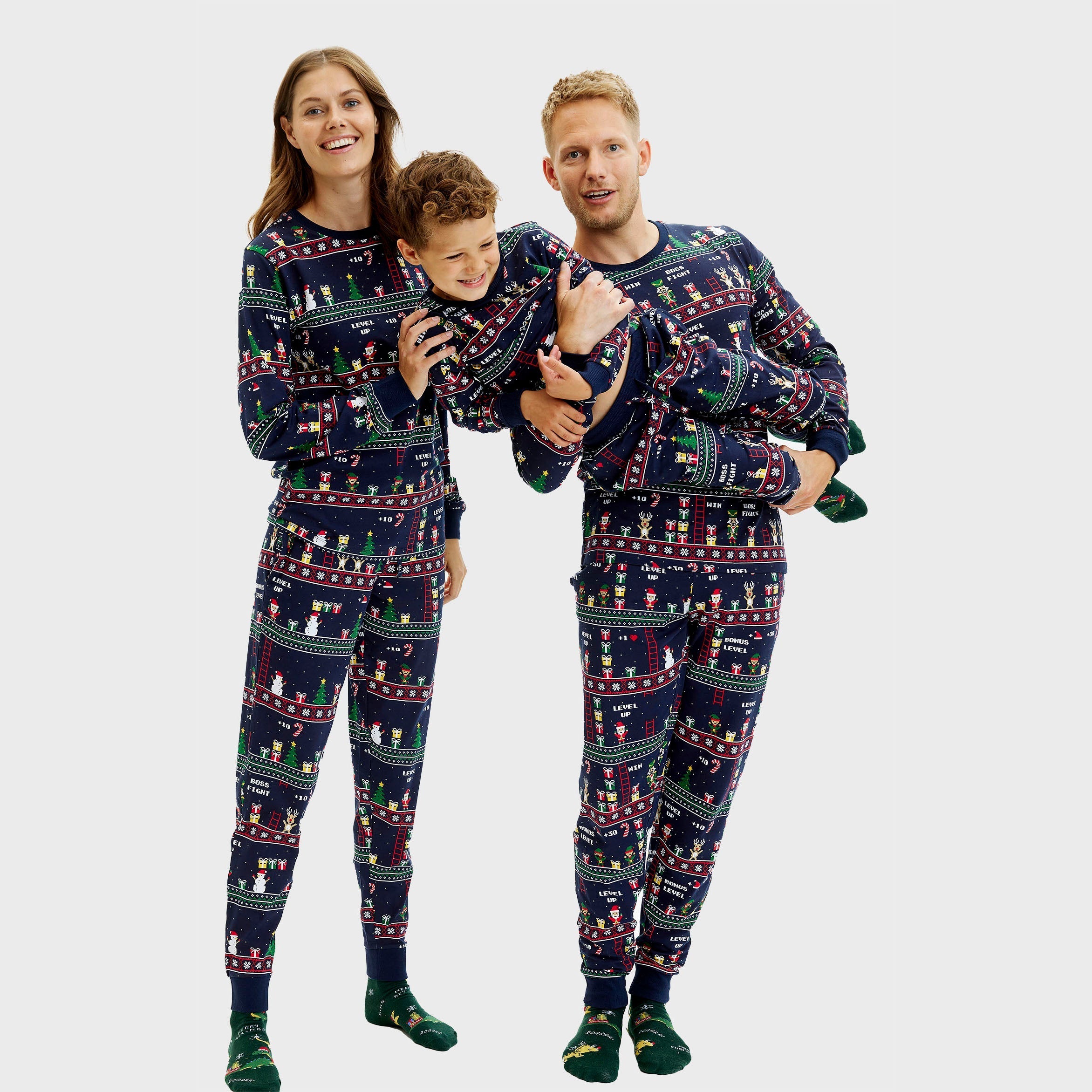 Vintage gamer kerstpyjama voor kinderen in blauw
