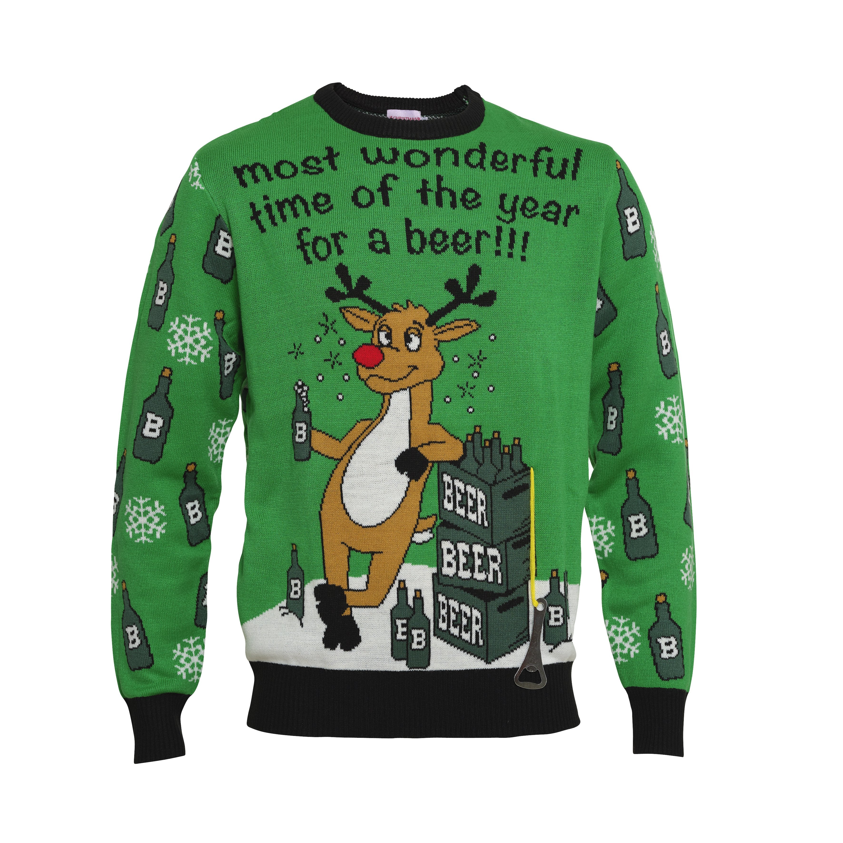 Un maglione natalizio verde con la citazione “The most wonderful time of the year for a beer” in inglese.