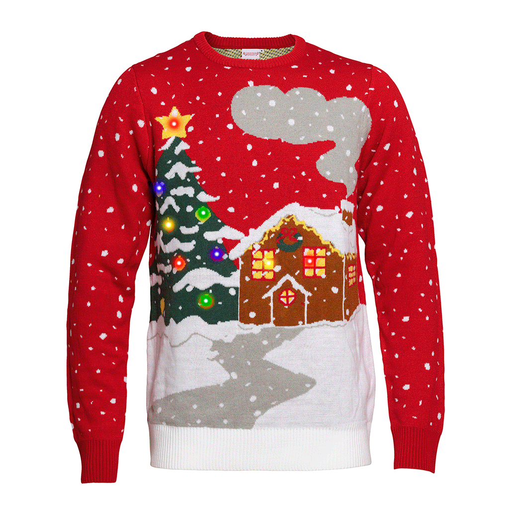 Un maglione natalizio rosso con una casa innevata.