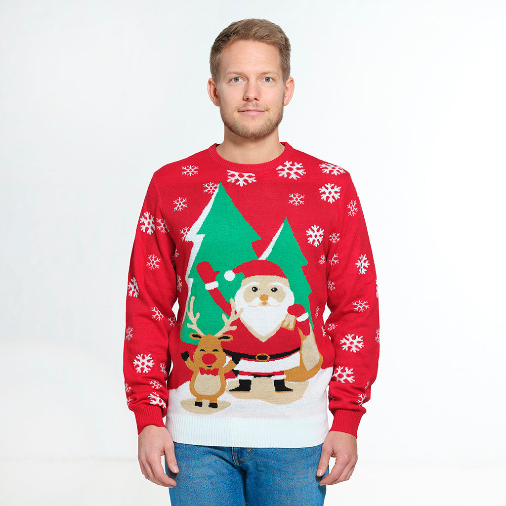 Un uomo che indossa un maglione natalizio rosso con Babbo Natale e Rudolph.
