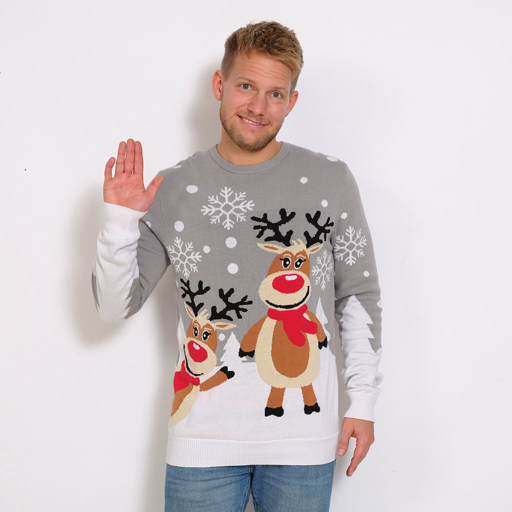 Un uomo che indossa un maglione natalizio grigio con sopra Rudolph.