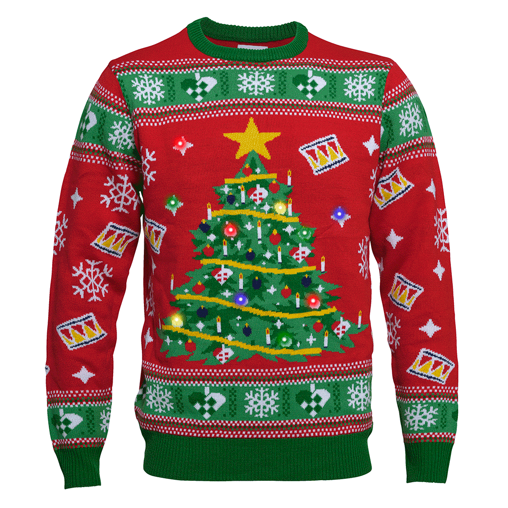 Maglione natalizio rosso e verde con un albero di Natale illuminato.